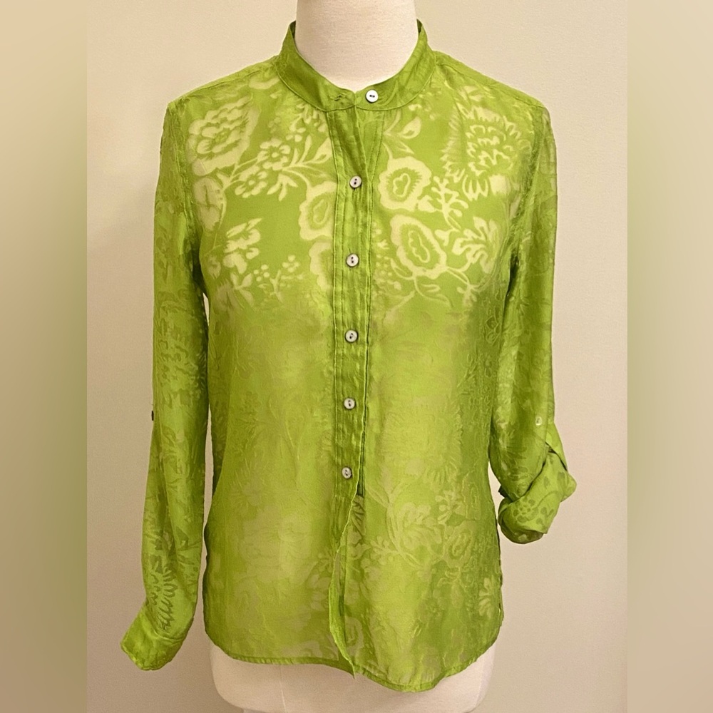 Chico’s Lime Green Floral S Caribbean Glam Bright Boho Semi Sheer Burnout Top